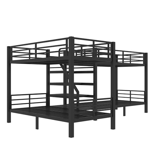 Bellemave Metal Quad Bunk Bed with Stairs for 4, L-Shaped Twin Size Quad Bunk Bed Frame,Heavy Duty Bunk Beds for Kids Teens Adults,Black Bellemave