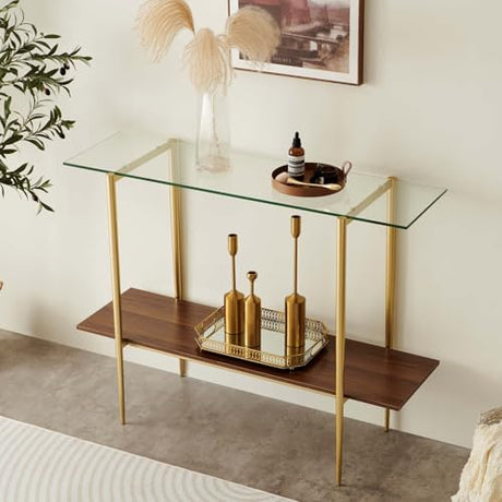 LumFurn Glass Console Table for Living Room, Foyer & Entrance, 2-Tiers Mid-Century Modern Sofa Table with Clear Glass Top, Walnut Finish Wood Top and Gold Finish Metal Frame LumFurn