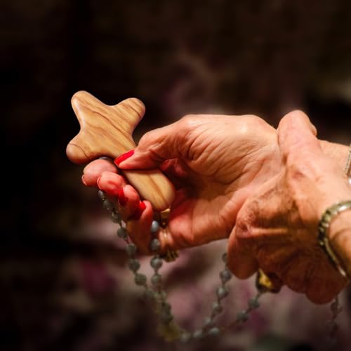 KOMI 4" Olive Wood Healing Comfort Hand Cross With Pouch - Wooden Holding Pocket Prayer Cross - Perfect Baptism or First Communion Gift Christian Gifts KOMI