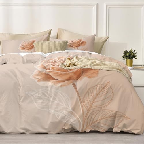 WIVCOMD Hand-Drawn Minimalist King Reversible Duvet Cover Sets Rice Pink Bedding Set, Single Rose Printed Duvet Cover with Pillowcases Zip Closure Perfect for Hot Sleeper WIVCOMD