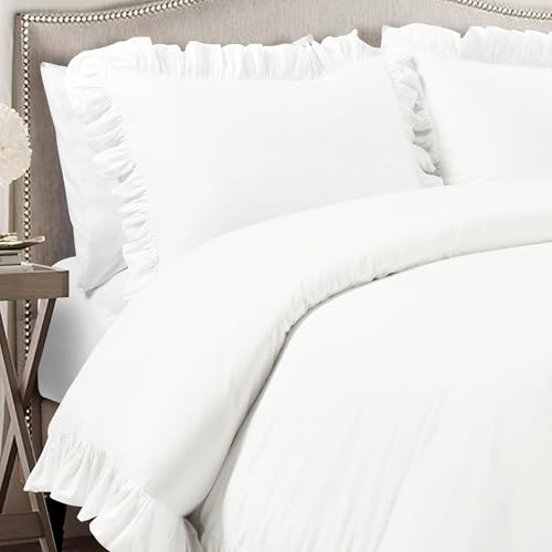 Lush Decor Reyna Ruffle Cotton Duvet Cover Set 3 Piece Set King, Pure White - King Size Bedding Set - White Duvet King- Ruffled Bedding - Coquette Decor Lush Decor