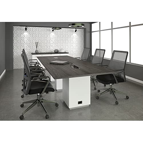 Thaweesuk Shop New Gray and White 12 FT Modern Executive Rectangle Shaped Conference Table Square Legs Grommets Racetrack Meeting Boardroom Room Desk Power High End Office Wood 144''L x 48''W - WoodArtSupply