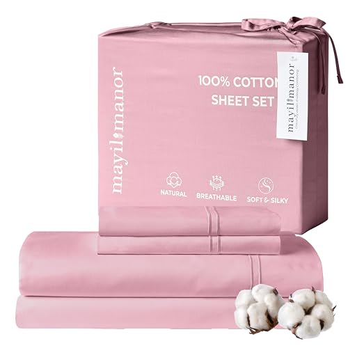 Mayil Manor 100% Natural Cotton Sheets Queen Size Bed Set | 500 TC Single-Ply Sateen Weave | Soft, Breathable, Hypoallergenic Solid 4-Piece Bedding with Deep Pocket Fitted, Flat, Pillowcase | Blush Mayil Manor