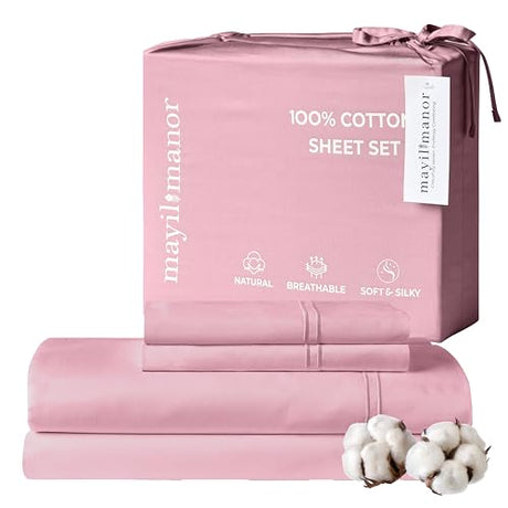 Mayil Manor 100% Natural Cotton Sheets Queen Size Bed Set | 500 TC Single-Ply Sateen Weave | Soft, Breathable, Hypoallergenic Solid 4-Piece Bedding with Deep Pocket Fitted, Flat, Pillowcase | Blush Mayil Manor