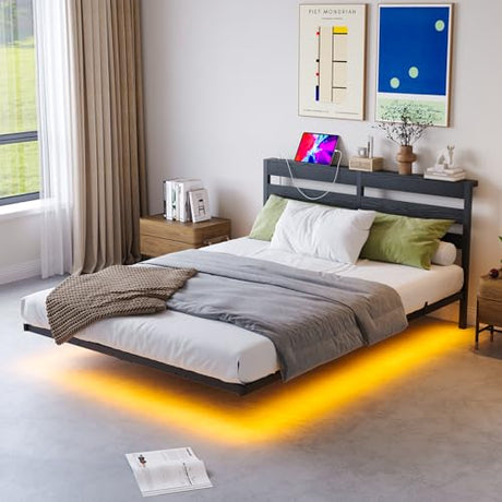 VERFARM Floating Bed Frame Queen Size with USB Charging Station, LED Bed Frame with Storage Headboard, Black Metal Platform Bed Queen Size, No Box Spring Needed, Noise Free, Easy to Assemble VERFARM