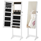 SONGMICS Mirror Jewelry Cabinet Standing Armoire Organizer, Jewelry Storage with Full-Length Frameless LED Lights, Built-in Makeup Mirror, 2 Drawers, Lockable, White UJJC023W01 SONGMICS