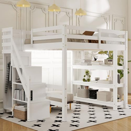 Harper & Bright Designs Full Size Loft Bed with Stairs and LED Lights, Wood Full Loft Bed with Storage Shelves and Wardrobe, Loft Bed Frame with Guardrails for Kids Girls Boys, White Harper & Bright Designs