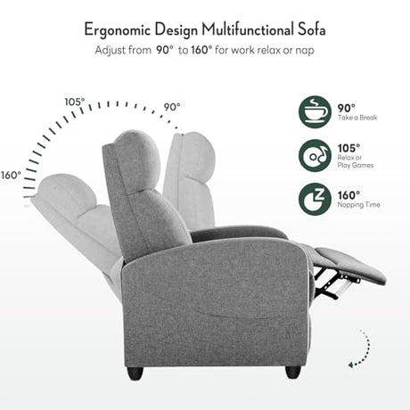 HAPPYMONT Recliner Chair, Recliner Sofa Fabric for Adults, Recliners Home Theater Seating with Lumbar Support, Reclining Sofa Chair for Living Room, Gray HAPPYMONT