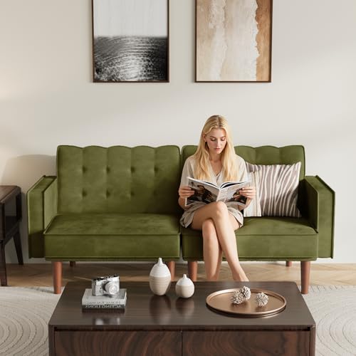 Furnify 71" Velvet Futon Sofa Bed, Versatile Loveseat Couch, Sleeper Sofa with Adjustable Backrest, Mid Century Modern Futon Couch for Small Space, Living Room, Office & Apartment, Velvet Fabric Green Furnify