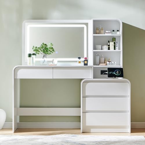 wow97e 50" Makeup Vanity Desk with 35.43" Mirror and Lights, Large 5 Drawers Makeup Table with Adjustable Shelves and Charging Station, 3 Lighting Modes for Women and Girls, Bedroom or Dorm, White wow97e
