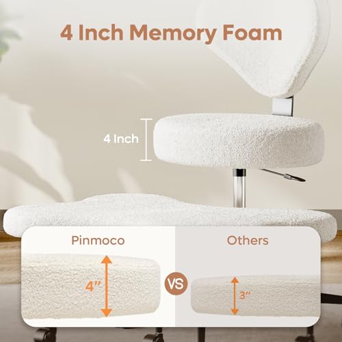 Pinmoco Ergonomic Cross Legged Chair, 360° Swivel Meditation Chair with Wheels, Height Adjustable Seat for ADHD, Strong Lumbar Support, Chic Home Office Furniture, Teddy Fabric, Off White Pinmoco