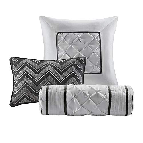 Madison Park Laurel Queen Size Bed Comforter Set Bed In A Bag - Black , Wrinkle Tufted Pleated – 7 Pieces Bedding Sets – Faux Silk Bedroom Comforters Madison Park