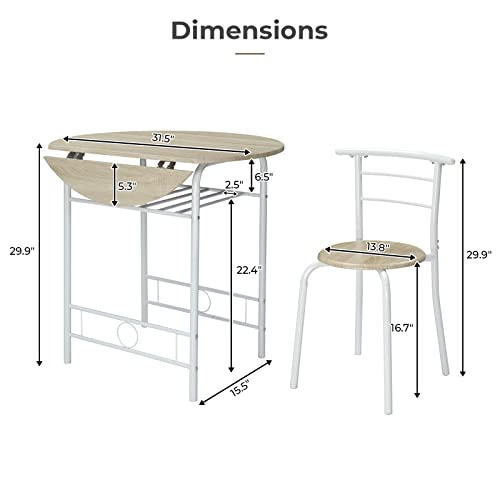 VINGLI 31.5" Drop Leaf Dining Table 3 Pieces for Small Space,Small Kitchen Table Set for 2,Round Folding Table with 2 Chairs for Home,Kitchen,Apartment,White&Oak VINGLI