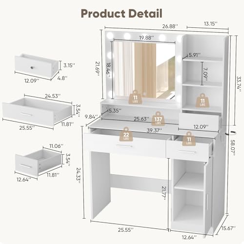 DUMOS Vanity Desk Makeup with Mirror LED Lights, White Table with Power Outlet 2 Drawer, 4 Storage Shelves Cabinet & 3 Lighting Mode Adjustable Brightness, Dressing Tables for Bedroom DUMOS