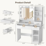 DUMOS Vanity Desk Makeup with Mirror LED Lights, White Table with Power Outlet 2 Drawer, 4 Storage Shelves Cabinet & 3 Lighting Mode Adjustable Brightness, Dressing Tables for Bedroom DUMOS