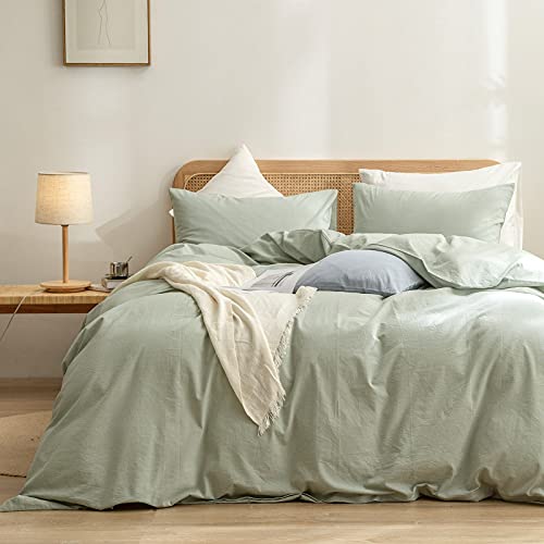 BESTOUCH Duvet Cover Set 100% Washed Cotton Linen Feel Super Soft Comfortable Chic Lightweight 2 PCs Home Bedding Set Solid Sage Green Twin/Twin XL BESTOUCH