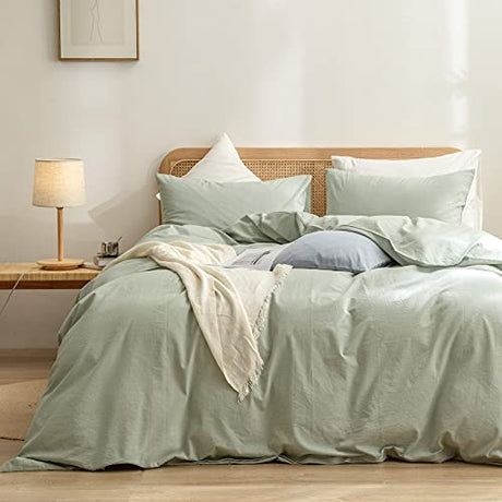 BESTOUCH Duvet Cover Set 100% Washed Cotton Linen Feel Super Soft Comfortable Chic Lightweight 2 PCs Home Bedding Set Solid Sage Green Twin/Twin XL BESTOUCH