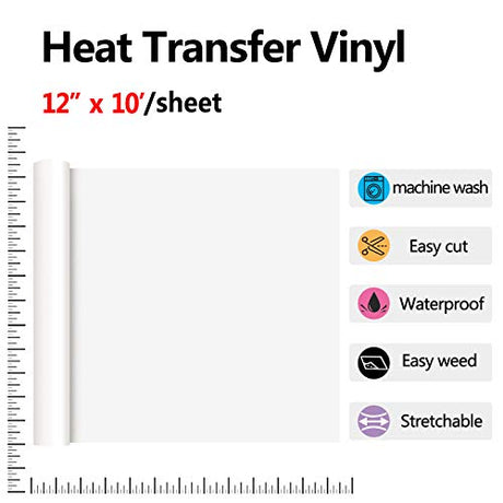 RENLITONG White HTV Iron on Vinyl 12Inch by 10ft Roll Heat Transfer Vinyl for T-Shirt HTV Rolls for All Cutter Machine - Easy to Cut & Weed for Heat Transfer Design RENLI·TONG