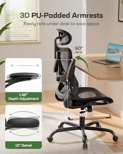 Marsail Ergonomic Mesh Office Chair High Back Home Office Desk Chair with Adaptive Lumbar Support, 2D Headrest, 3D Flip-Up Armrests, Height Adjustable and Rocking Tilt for Home Office and Gaming Marsail