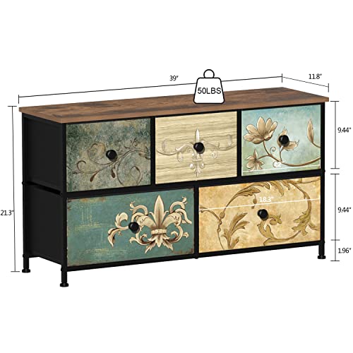 Tohomeor Dresser with Drawers for Bedroom Chest of Drawers Fabric Dresser for Closet,Nursery Entryway Hall Tree TV Stand for Living Room Retro Floral Pattern Drawers Wooden Top (5 Drawers) Tohomeor