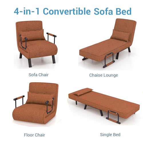 S AFSTAR 4 in 1 Convertible Sofa Chair Bed, Tri-fold Leisure Recliner Sleeper with 6-Position Adjustable Backrest, Pillow & Metal Frame, Folding Chaise Lounge Couch for Apartment, Bedroom (Coffee) S AFSTAR