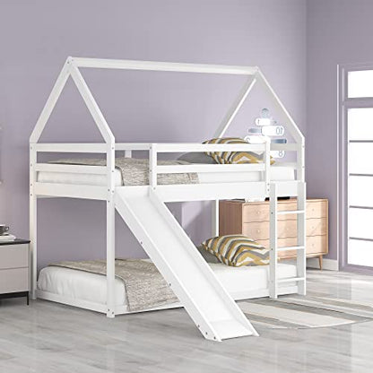 DreamBuck Twin Over Twin House Bunk Bed with Convertible Slide and Safety Guardrail in White - WoodArtSupply