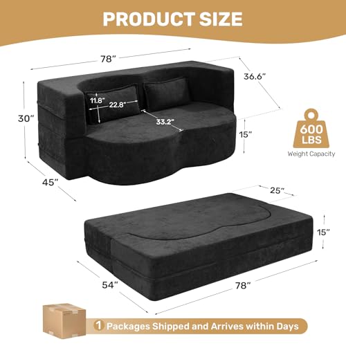 78" Convertible Sofa Bed with Pillows Queen Sleeper Sofa,Foam Folding Mattress Sleeper Modern Teddy Fabric Floor Cushion and Futon Chaise Lounge Sofa,For Apartments,Guest Rooms,Guest Use,Condo,Black Luxanimarion
