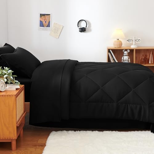 CozyLux Twin Comforter Set with Sheets Black - 5 Pieces Bed in a Bag Twin, All Season Bed Set for Girls and Boys, Bedding Set with Down Alternative Comforter, Sheets, Pillowcase & Sham CozyLux
