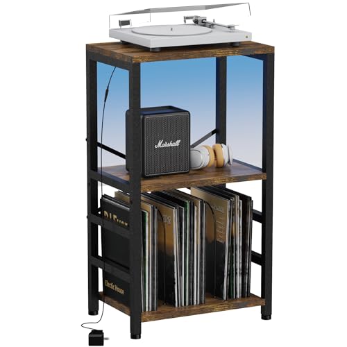 YAKANJ End Table with LED Light,Record Player Stand with Albums Storage,Vinyl Records Storage,Turntable Stand Side Table for Music Room Studio Living Room Bedroom-Retro YAKANJ