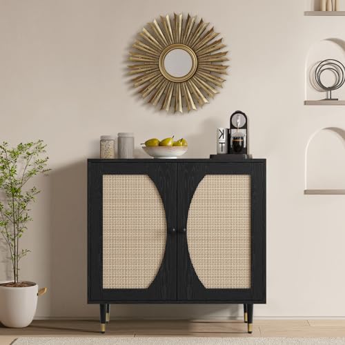 Black Buffet Sideboard Cabinet, Rattan Sideboard with Natural Rattan Doors, Black Rattan Console Table with Storage, Modern Accent Buffet Cabinet with Adjustable Shelves for Living Dining Room 4ever2buy