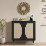 Black Buffet Sideboard Cabinet, Rattan Sideboard with Natural Rattan Doors, Black Rattan Console Table with Storage, Modern Accent Buffet Cabinet with Adjustable Shelves for Living Dining Room 4ever2buy