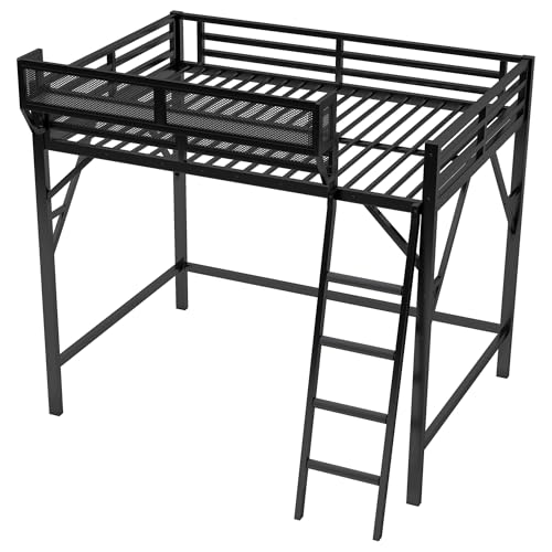 Full Size Loft Bed with Storage Shelves & Soft Foam Ladder, Metal High Loft Bed with Large Under-Bed Space & Guardrail, Heavy-Duty Modern Beds for Adults Teens and Kids, No Box Spring Needed, Black Aurnienofus