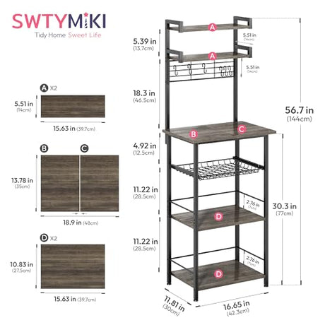 SWTYMIKI Coffee Bar Station Rack - Bakers Rack Corner Coffee Stand Station, Bar Cabinet for Kitchen with Hooks Grey SWTYMIKI
