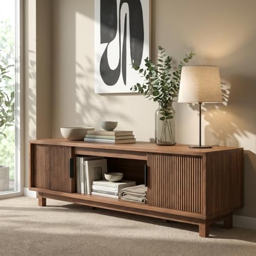 BRITEMART TV Stands for Living Room, 70 Inch Large Entertainment Center Fluted TV Stand with Storage, Boho Media Console Wood Television Table with Cable Management Hole, Walnut BRITEMART