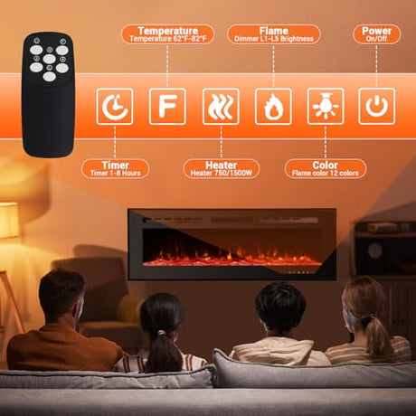 Takywep Electric Fireplace, 60 Inches, 5120 BTU Heat Output, 12 Flame Color, Black, Wall-Mounted or Recessed, Timer, Quiet Operation, Multicolor Flame, Faux Logs, Crystal Stones Takywep