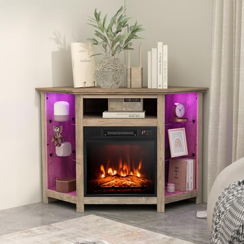 Tangkula Fireplace Corner TV Stand with LED Lights & Smart APP Control for 50 Inches TV, Entertainment Center with Adjustable Glass Shelves, 18” Electric Fireplace, Remote Control, Thermostat Tangkula