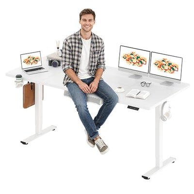 SANODESK Electric Standing Desk 79 x 32 Inches Height Adjustable Stand Up w/6-Button Controller Ergonomic Computer Desk with Splice Board for Home Office, White Frame + White Tabletop