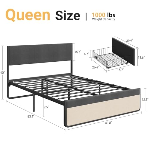 IDEALHOUSE Queen Bed Frame with Storage Drawers, Upholstered Platform Bed Frame with Metal Slats Support, Under Bed Storage Mattress Foundation, No Box Spring Needed, Noise Free, Easy Assembly IDEALHOUSE