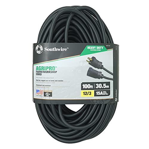 Southwire AGRIPRO 12/3 Heavy Duty Extension Cord, 100ft, Farm/Workshop Cord, SJTOW, Black, 64817201 - WoodArtSupply