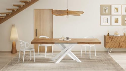 Mobili Fiver, Emma 140 Extendable Dining Table, Rustic Oak with White Crossed Legs, Laminate-Finished/Iron, Made in Italy - WoodArtSupply