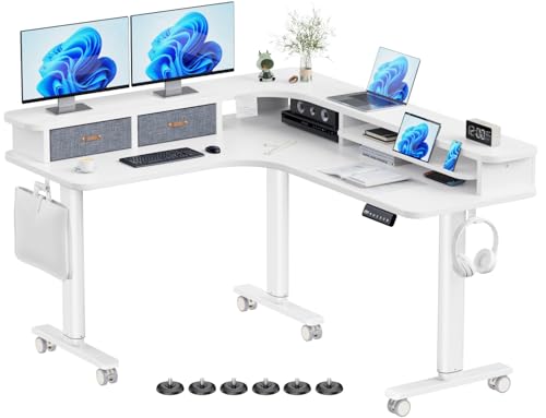 Flycity Electric L Shaped Standing Desk with Drawers, 63" x 55" Corner Standing Desk Adjustable Height, Stand Up Home Office Desk, Dual Motor Sit Stand Desk with 3 Memory Preset & Lock, White Flycity