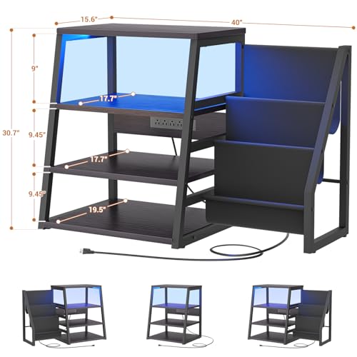 AV Media Stand with Outlets, Stereo Stands and Racks with Vinyl Storage, Stereo Stand with Record Storage, Audio Stereo Rack Cabinet, Turntable Console Stand with LED lights, 4 Tiers, Black Ebony Besiost
