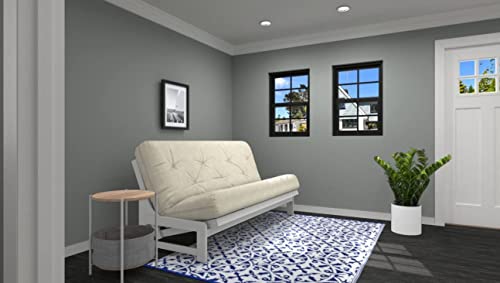 Arden White Futon Set Queen Size - Armless Futon Frame with Mattress Included (Twill Ivory), Space Saving Modern Sofa Bed Sleeper Nirvana Futons