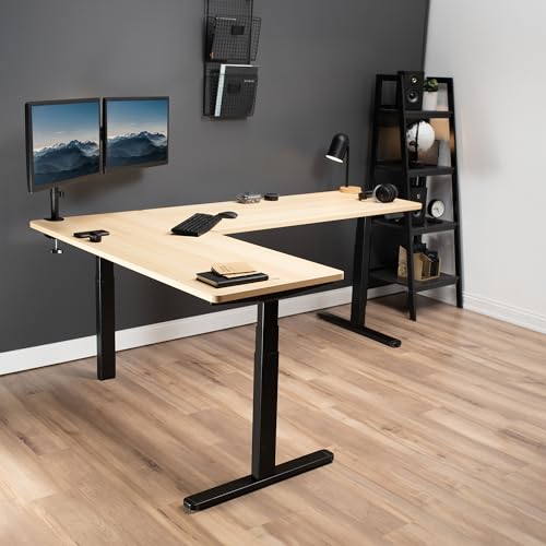 VIVO Electric Height Adjustable 83 x 60 inch Corner Stand Up Desk, 2 Light Wood Solid Table Tops, Black Frame, Memory Controller, L-Shaped Workstation, 3E Series, DESK-KIT-3E8BC VIVO