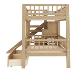 RUNNA Twin Over Twin Bunk Bed with Slide, Storage Drawers & Staircase, Solid Pine Wood Frame, No Box Spring Needed, Kids Bedroom Space-Saving Furniture (01-Walnut) RUNNA