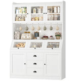 HIFIT 71.4” H Kitchen Pantry Storage Cabinet, Farmhouse Tall Pantry Cabinet with 3 Bread Storage Containers and Cable Hole, 47.2” Wide Kitchen Hutch with 7 Metal Hooks and Glass Doors, White HIFIT