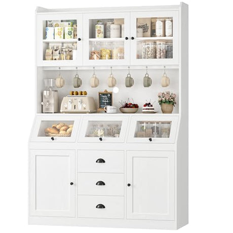 HIFIT 71.4” H Kitchen Pantry Storage Cabinet, Farmhouse Tall Pantry Cabinet with 3 Bread Storage Containers and Cable Hole, 47.2” Wide Kitchen Hutch with 7 Metal Hooks and Glass Doors, White HIFIT