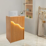 Small Reception Desk with Lockable Drawer, 37.8 x 23.6 x 15.7 Inch Modern Front Desk Counter with Grille Design, White Wooden Retail Checkout Table for Salon Clothing Store Office Hotel (Oak Color)