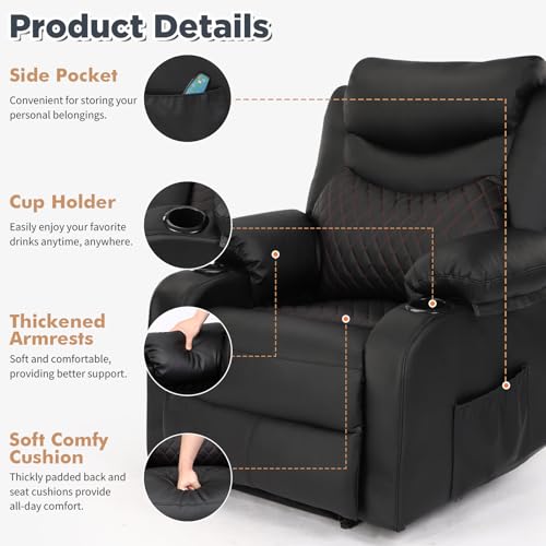linting Massage Recliner Chairs with Heat, Wide Seat Reclining Lounge Chair for Home Theater, Faux Leather Heated Massaging Manual Recliner Chair with Cup Holder for Adult, Black