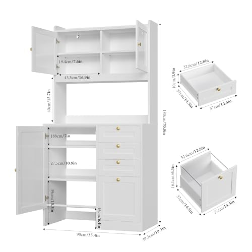 70.8"H Tall Robot Vacuum Stand Cabinet with 4 Drawers for Hanging Files, Pantry Storage Cabinet with Microwave Stand Printer Stand and Adjustable Shelves Bookcase for Living Room, Office, White Keyluv